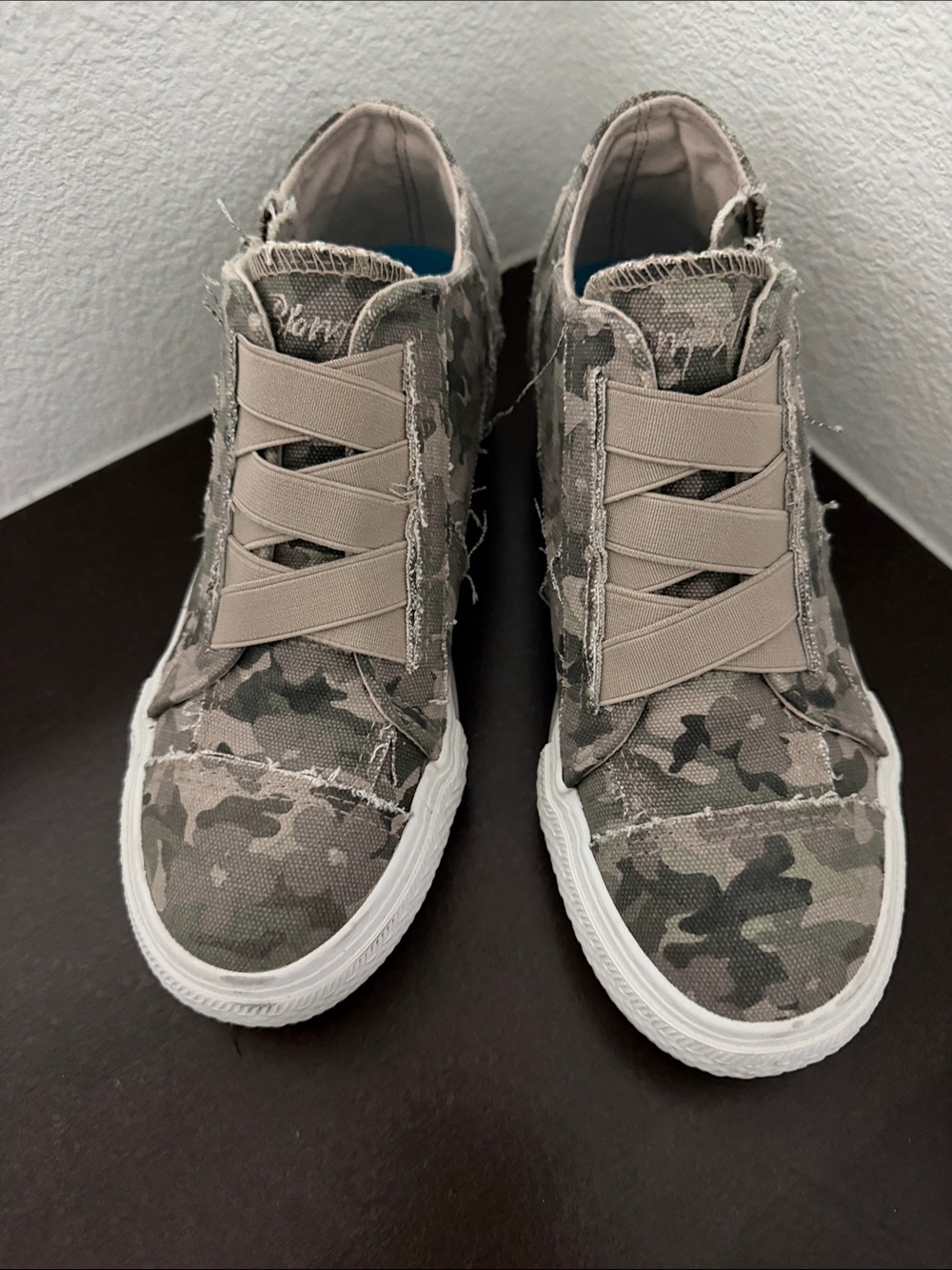 Blowfish Malibu Camo Print Wedge Sneakers with Dark Tan Elastic Straps.